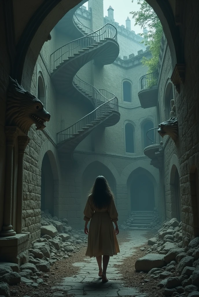 Eleanor venturing into a ruined castle, with spiral staircases, stone gargoyles, and dark corridors.