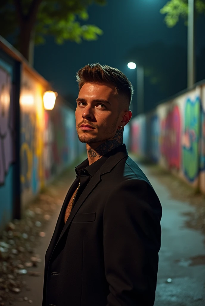 A handsome and attractive 2 American man with a flirtatious expression, a neck tattoo, brown eyes, in the year 2022.. He is in a lonely park at night, walls with graffiti.