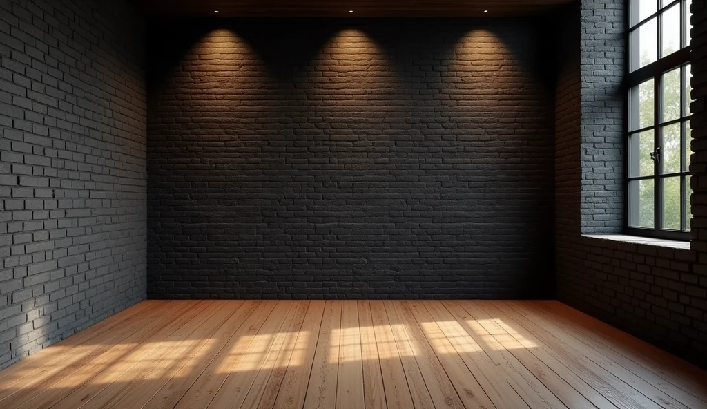 a empty room with black brick wall with warm ambient lighting and wooden floor