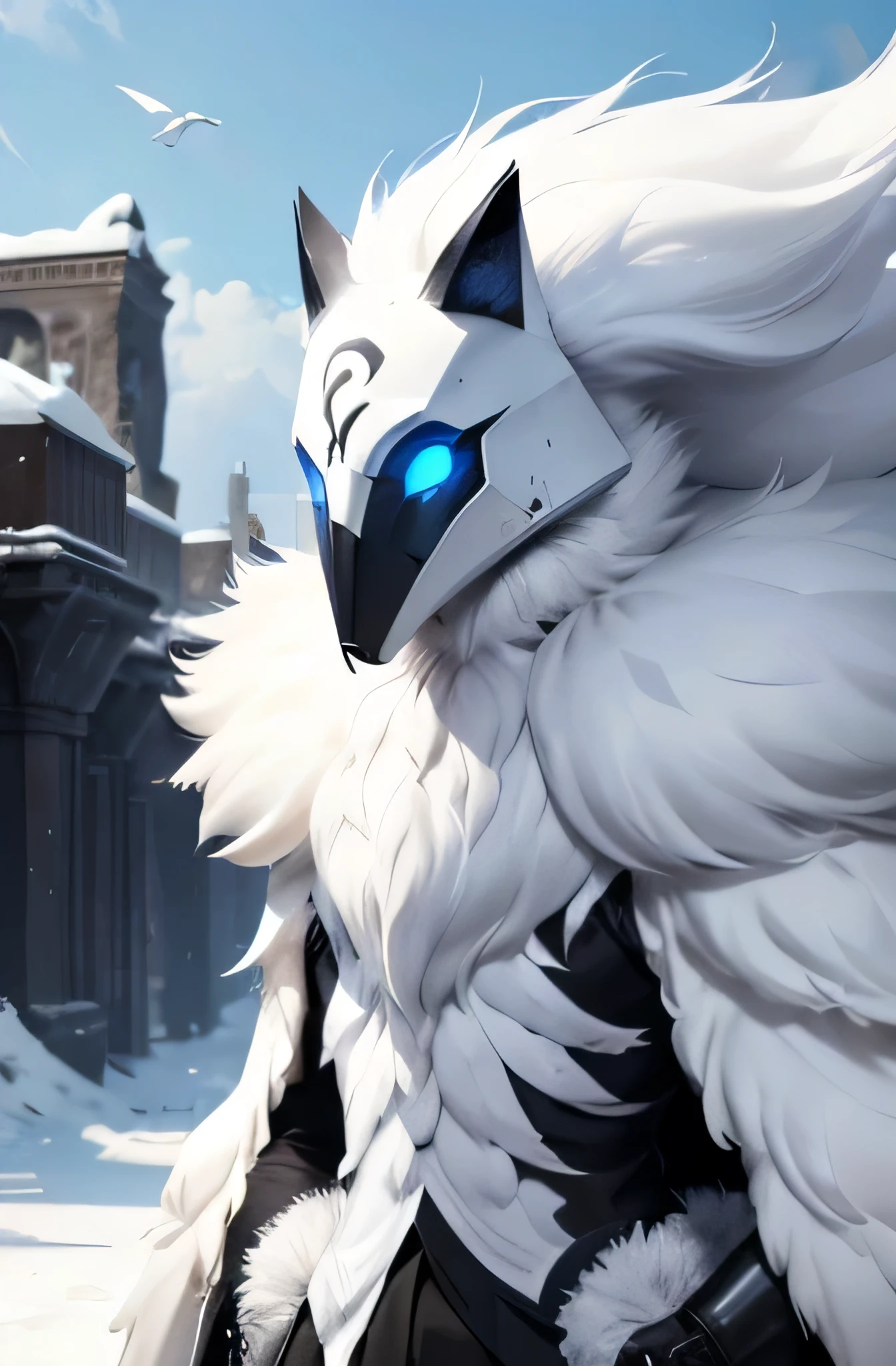 Completely white fur, many white feathers, standing, Black mask, blue eyes, whole body with white fur, fell jacke, powerfull