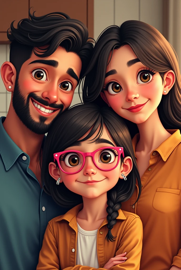 Creating a Chilean family of 4 people, The Dad, The mom, the daughter and the son.
The daughter wears pink glasses and is .