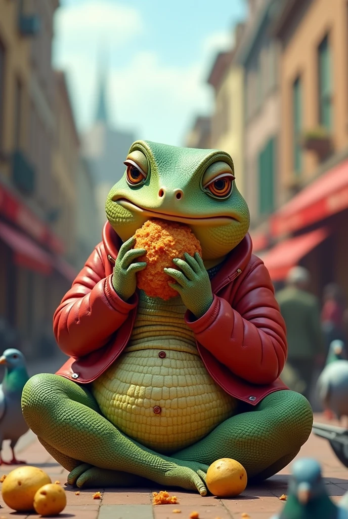 A chubby realistic lizard eating fried chicken sitting cross-legged wearing a red jacket in the square with pigeons around and potatoes lying on the ground