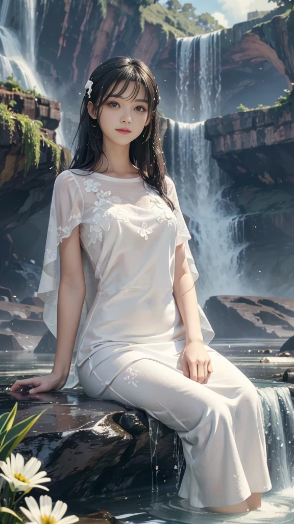 (Surreal), (illustration), (Improve resolution), (8K), (Extremely detailed), (Best illustration), (Beautiful and delicate eyes), (best quality), (Extremely detailed), (masterpiece ), ( wallpaper), (Delicate face), Solitary, 1 girl, Looking at the audience, Fine details, in the darkness, Deep Shadows, Low profile, Purebred face_v1, Smile, Black straight hair, White shawl, Side bangs,There are many colorful flowers in the background,Elegant Posture, Get wet under the waterfall, The waterfall falls on her