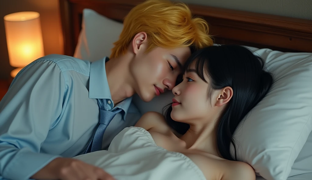 (32K:1.9, Realistic:1.9, Highest quality, masterpiece, Ultra-high resolution), Perfect dynamic composition:1.3, Highly detailed skin and facial textures:1.3, (Cute sexy slim Japanese schoolgirl, height: 155cm), (Slimman, Length 180cm), ((They are both lying in bed。, A man gives a pillow to a woman。:1.3, to kiss:1.4)), Fair skin, ((Clarity:1.1)), (This guy's uniform is amazing:1.3, Bright yellow hair, beautiful目:1.3), (The woman is wearing a uniform with a light blue tie., Straight black hair:1.3, smile:0.9, A man completely charms a woman:0.9, beautiful Blue Eyes, beautiful, Clear Eyes:0.8), Sexy Face:0.4, blush:1.1, (beautifulエロティシズムを醸し出す雰囲気:0.8, Professional random camera work, Cinematic Lighting Effects, romantic, mysterious), (Too erotic), Object of admiration, original, dramatic, artistic, Innovative, charm, Heartful, Fancy, Tilt, sense of loss, special, exciting, Extreme, sense of openness, joy, joyの表現, ((若さのcharm, 女性的なcharm))