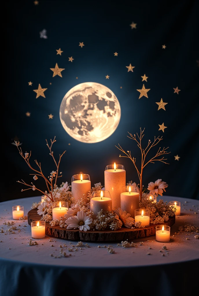 Full moon and stars themed centerpiece for 15 years and add candles to place in the center of the table