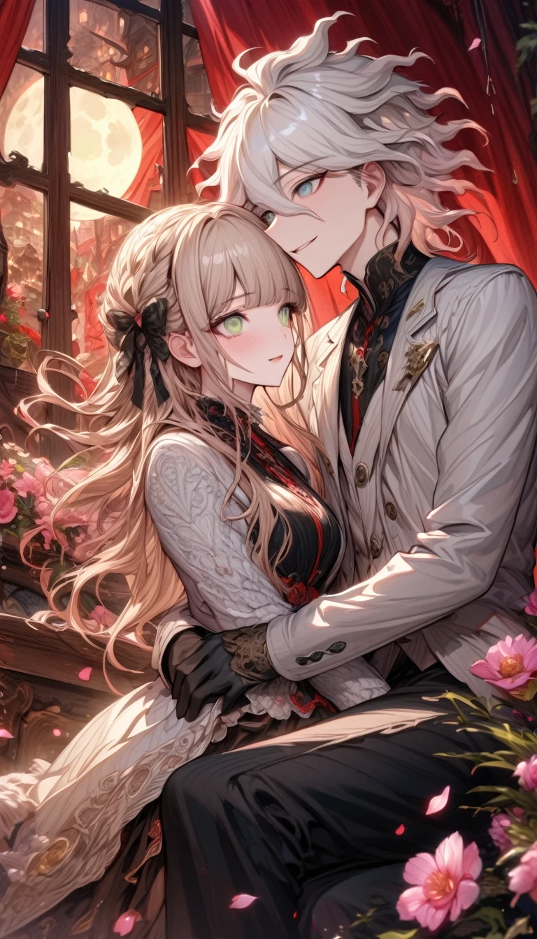 Ultra detailed, highres, absurdres, HDR, master piece, Aida, ash blonde hair with bangs, medium length hair, expressive light green eyes, Danganronpa, black ribbon at the side of her hair, white cardigan with black patterns, Komaeda Nagito, white hair, expressive gray green eyes, black pants, couple, in love, pink flowers, petals, moon, window, red curtains, woman together with a man, sitting, handsome, extremely beautiful, very detailed face and eyes, best quality, fantasy, magical, black gloves, smiling, close up