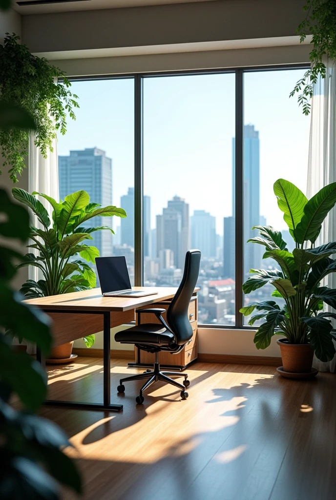 A spacious and modern office with a large wooden desk, a laptop, indoor plants, and a large window offering a panoramic view of a city. The atmosphere is bright and productive.
Tapped on the wall of the visible MSI office