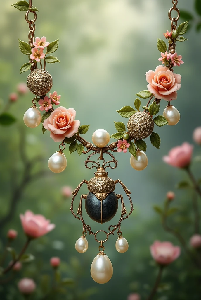 Necklaces and bracelets with pearls, beetles and flowers