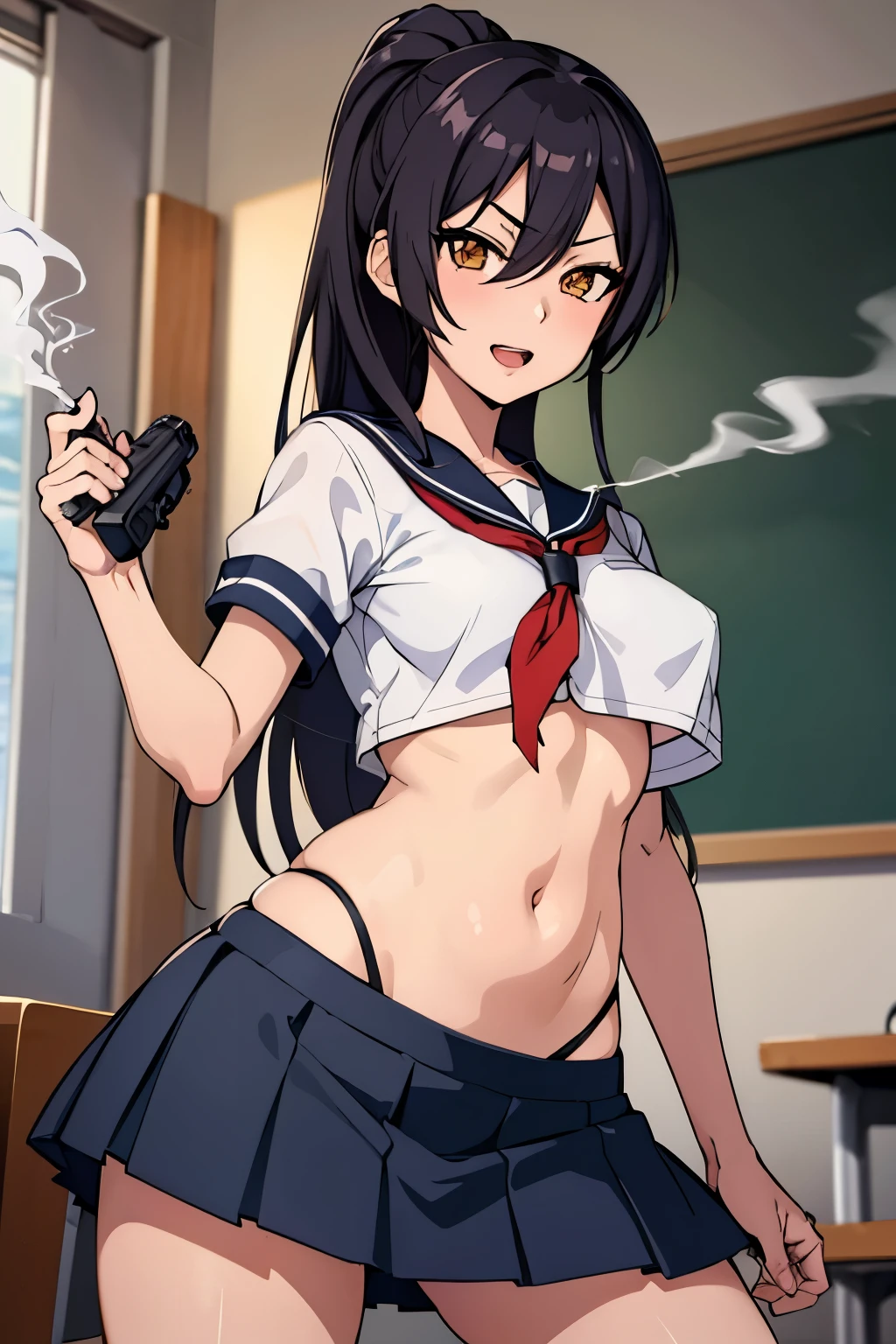 1girl, nanami, medium breasts, long hair, blush, lipstick, Hot girl, baddie, staring, glaring, bad attitude, mean girl, dare, angry, hate, crazy, smoking, sensual, attractive, masterpiece, best quality, highly detailed, a anime girls in sailor uniforms with a gun posing for a picture, evil smile, smile, open mouth,black_serafuku, ecchi anime style, anime girls , (nsfw) not safe for work, ecchi style, ecchi, shipgirls, digital anime art!!, high school girls, holding a gun, hold a gun, anime style 4 k, micro skirt, exposed belly, exposed navel, exposed midriff, exposed lower belly,school, classroom,