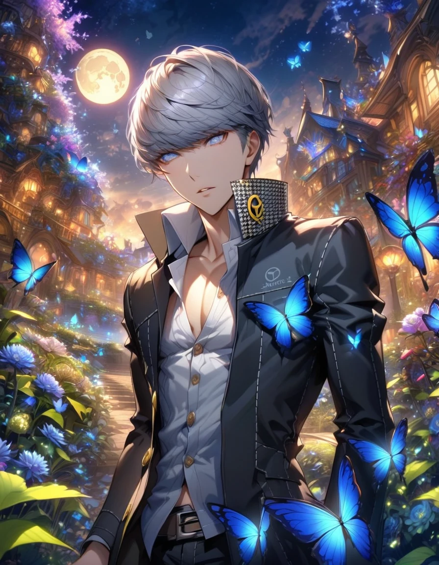 absurdres, highres, ultra detailed, HDR, masterpiece, extremely detailed, detailed eyes, Narukami Yu, gray hair, expressive gray eyes, persona 4, solo, sexy man, handsome, sensual, adult face, black coat, white shirt, fantasy, garden, blue shining moon, blue glittering butterflies, magical, fantasy, blue chrysanthemum, blue fireflies, water