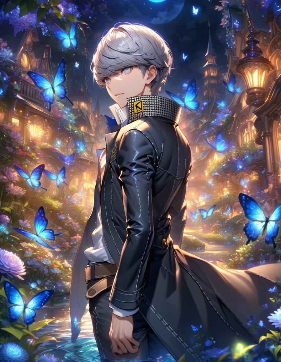 absurdres, highres, ultra detailed, HDR, masterpiece, extremely detailed, detailed eyes, Narukami Yu, gray hair, expressive gray eyes, persona 4, solo, sexy man, handsome, sensual, adult face, black coat, white shirt, fantasy, garden, blue shining moon, blue glittering butterflies, magical, fantasy, blue chrysanthemum, blue fireflies, water