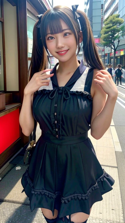 (Realistic:1.3), In detail, quality, Rembrandt Lighting, (Tabletop:1.2), (Realistic:1.2), (最高quality), (Detailed skin:1.3), (Complex詳細), dramatic, Ray Tracing, One Girl, Japanese girl, 、Big eyes、smile, Twin tails, Twin Loop Hair, Parted bangs, 2, Big ample breasts, Gothic Fashion、Short dress, Frills, race, ribbon, Complex, (in Tokyo street, Harajuku, sunny day), Browsing Caution,