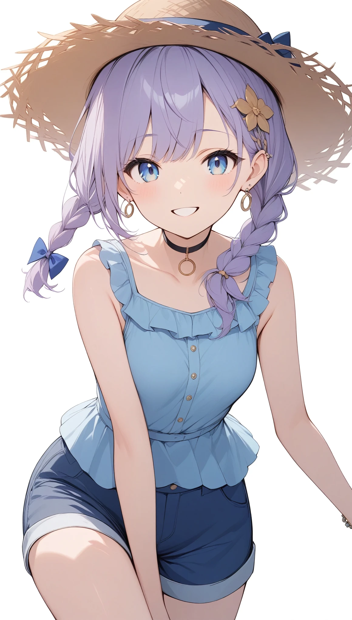 {{masterpiece}}, The best quality of life, 超High resolution, Attention to detail, high quality, High resolution, 最high quality, 4K, 8k,Attention to detail、BREAK、 Lavender hair、asymmetrical bangs、Low Braided Pigtails、BREAK、One Woman、Small breasts,BREAK,Persian Blue Eyes,Perfect Eyes、smile, happy、BREAK,((White background))BREAK、short pants、sleeveless blouse、cleavagte、straw hat、hair ornament、choker、circle earrings、BREAK、smile、Cowboy Shot、Watching Me
