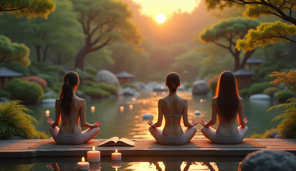 3 Asian person meditating beside a small pond in a Japanese garden, with the rising sun reflecting on the water. A book of Zen teachings lies open beside her., and candles float on the surface of the lake, creating an environment of deep serenity.
