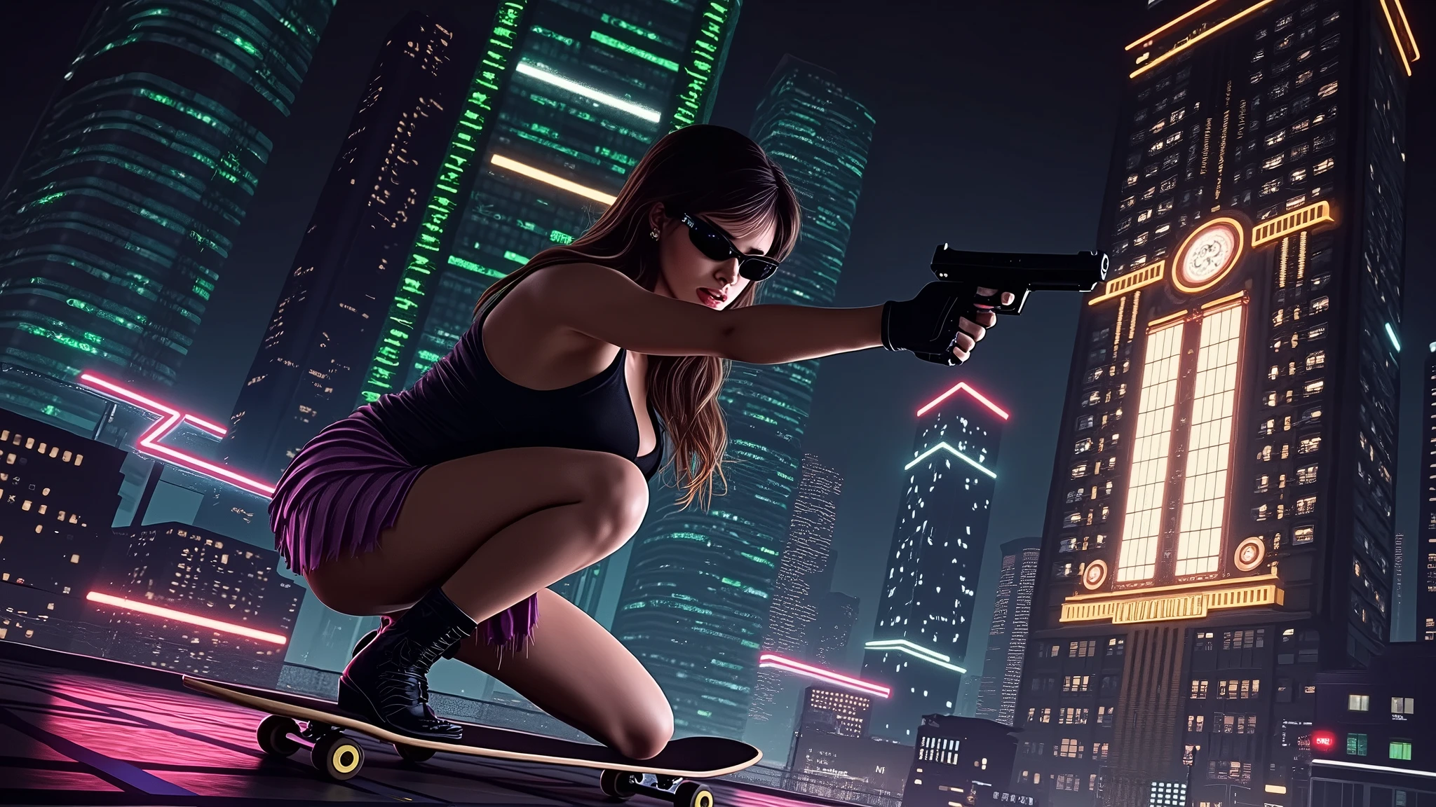 Matrix inspired futuristic cityscapes with colorful all-glass outlined towering skyscrapers with lightning, flying vehicle. High-resolution OLED GUI interfaces in the building, The windows are filled with transparent data visualization infographics that show it all, very close-up green glowing cascading code. Colors are saturated and vibrant. At night, (1 female assassin crouching on a skateboard, solo, alone), photorealistic, large-breast slim:0.6 body, oval:0.5 face, black mini bra, cleavage:1.1, deep-v, very low angle view of black pleated miniskirt, white panty, (upskirt), glove, (Matrix style black micro sunglasses), (aiming viewer with a short gun), dynamic skateboard jumping pose, (full-body thigh level close-up:2.0 shot), cinematic lighting, ray tracing, motion blur background.