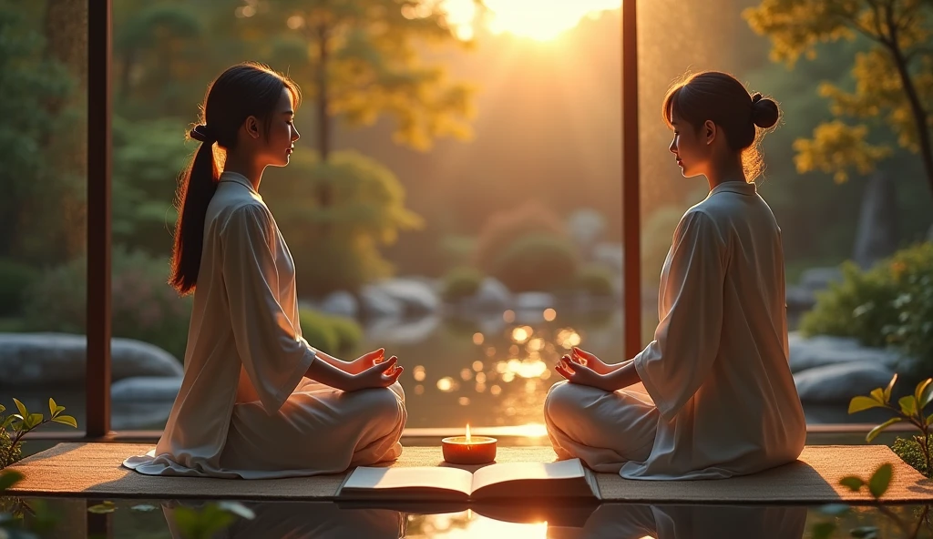 3 Asian person meditating beside a small pond in a Japanese garden, with the rising sun reflecting on the water. A book of Zen teachings lies open beside her., and candles float on the surface of the lake, creating an environment of deep serenity.