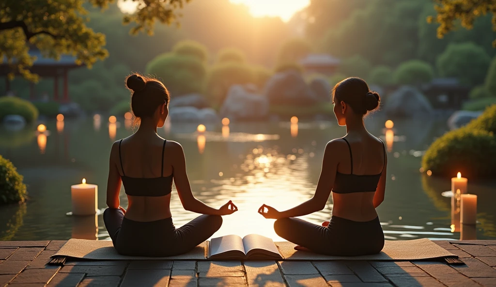 3 Asian person meditating beside a small pond in a Japanese garden, with the rising sun reflecting on the water. A book of Zen teachings lies open beside her., and candles float on the surface of the lake, creating an environment of deep serenity.
