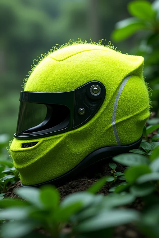A Formula 1 helmet with the appearance of a tennis ball 8k.. hyperrealistic, detailed, green background image material shine