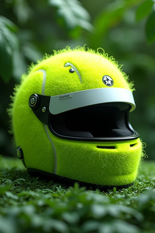 A Formula 1 helmet with the appearance of a tennis ball 8k.. hyperrealistic, detailed, green background image material shine