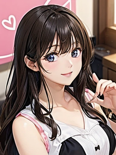 Girl, cute, adorable, smiling, from chest up, straight hair, long hair, black hair, clear weather, sunlight, from above, looking at the camera, heart hands,
make a heart(shape) with fingers, my room, daytime, bra top
