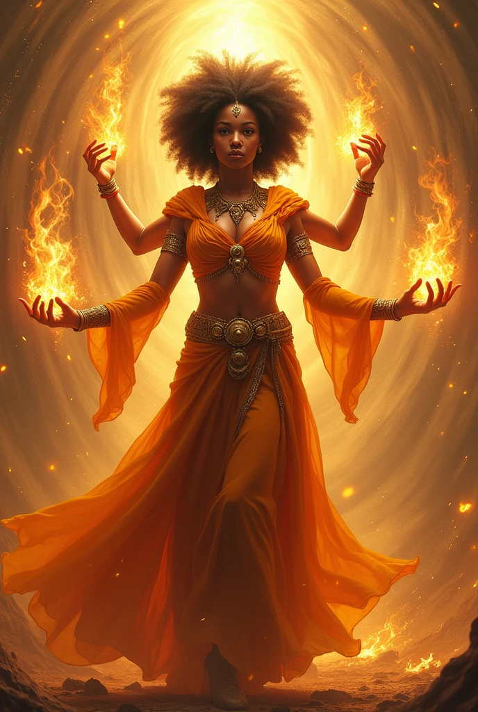 Afro woman with four arms and fire around her 
