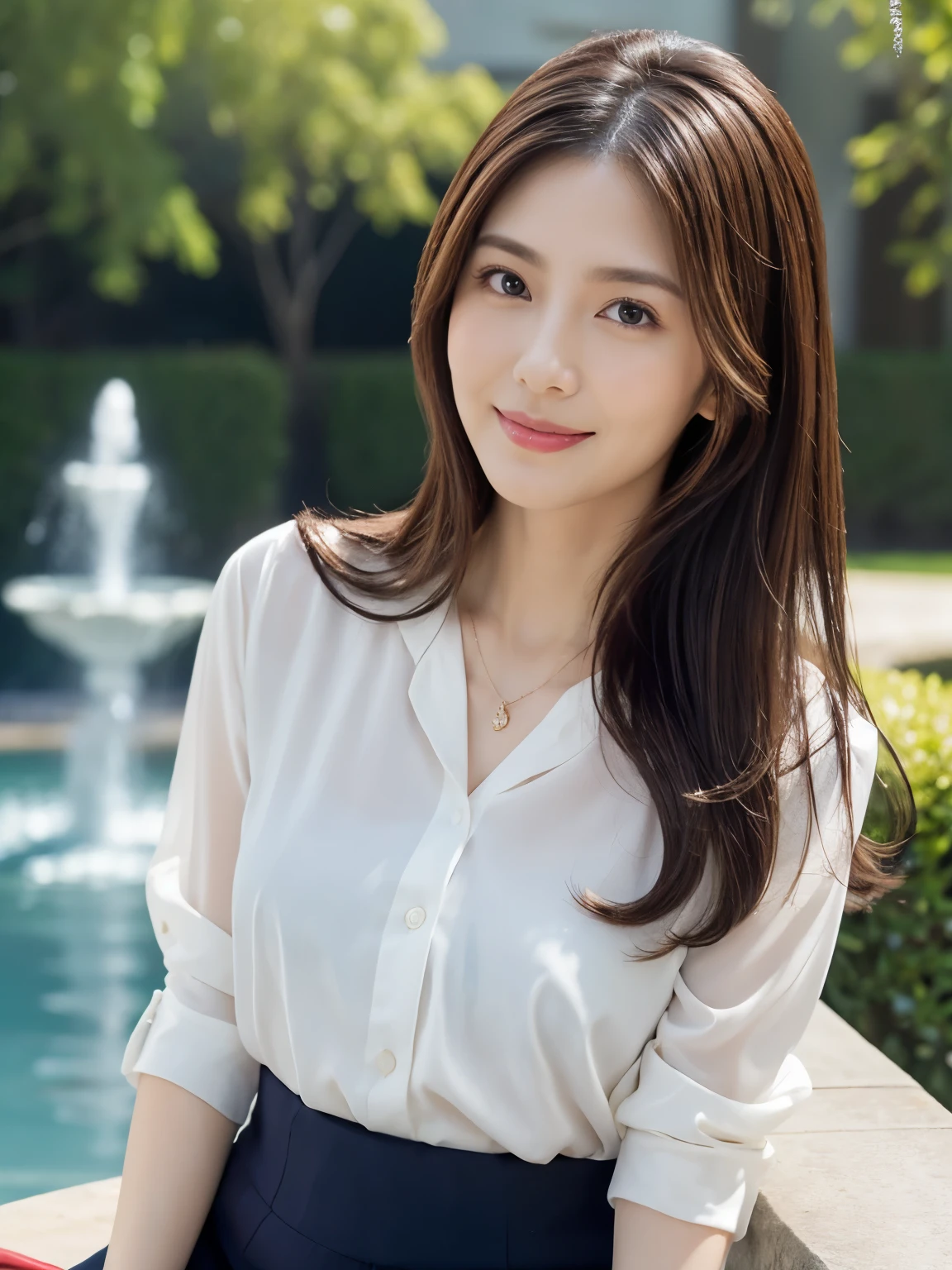 (Raw Photo), (Photorealistic), (Masterpiece), (Top Quality), High Resolution, 8K, (Exquisite Details), (Voluminous Light), Portrait, Woman, Medium Straight Hair, Layered Hair, Reddish Brown Hair, Very Thin Eyes, Source Order, Very Thin Eyebrows, Normal chest, Very Thin Skin, Thin Mouth, Very Thin Nose, Idol-Like, Happy Smile, 2, (Thick Lips), (Looking at the Viewer), (Elegant White Blouse, Navy Blue
tight skirt), Waist Shot, background is a park with a fountain, (Random Body Orientation),