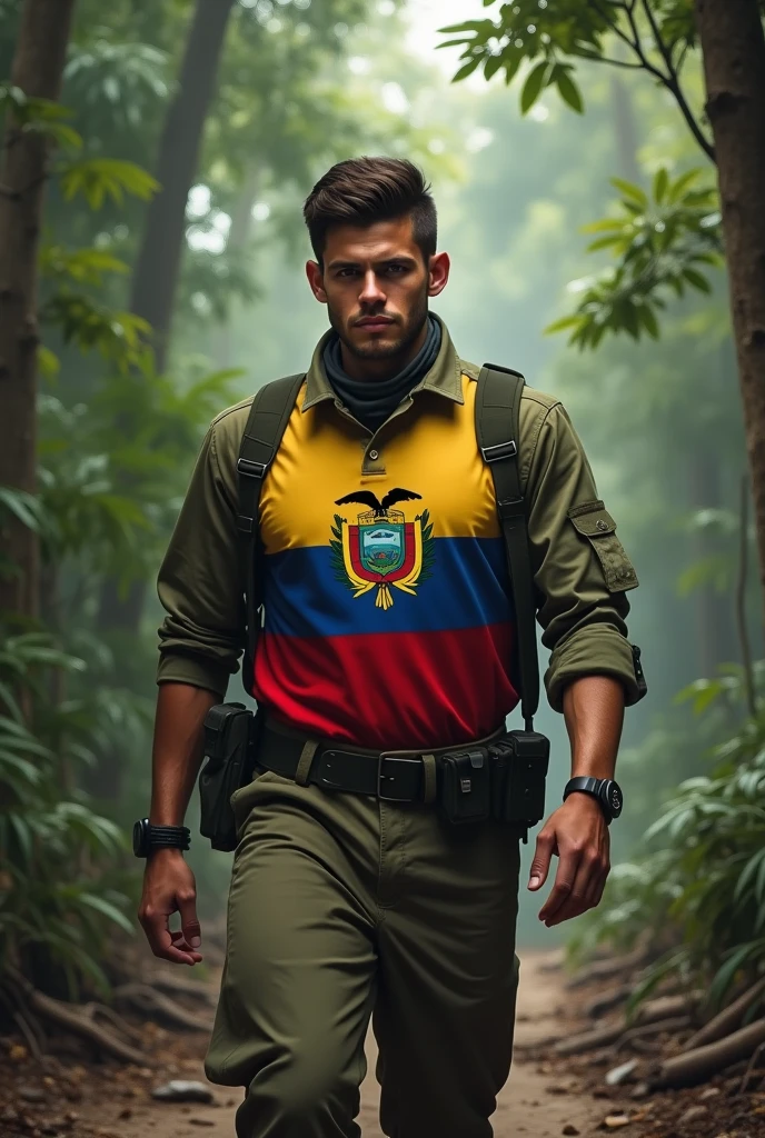 A young man from the university with a good physique and a military collar on his face, with a true face and military knowledge walking .
 and the flag of Ecuador in the middle of his shirt and an Amazon jungle in the background
 


