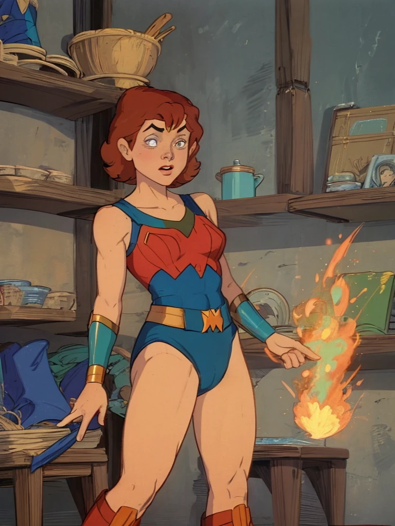 a redhead cartoon character, wonder woman outfit, very muscular, male wizard, 1980s cartoon, animated episode still, Presto (((mad))), ((Wears a wizard hat))