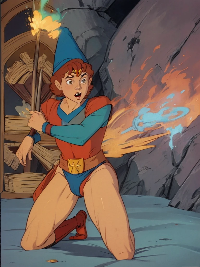 a redhead cartoon character, wonder woman outfit, very muscular, male wizard, 1980s cartoon, animated episode still, Presto (((mad))), ((Wears a wizard hat))
