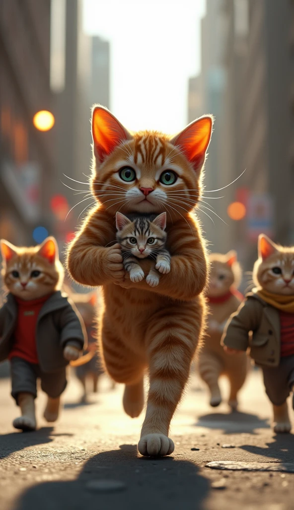 Create a photorealistic image of a six pack father cat is sprinting down a busy street, holding the small kitten in his arms. Surrounding him are tall city buildings, streetlights, and other cats in various outfits walking by, looking surprised. The father’s face is filled with determination and worry.
