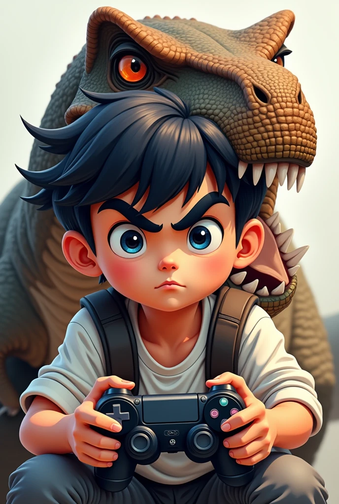 Black-haired boy with big eyebrows, gamer with a tyrannosaurus on the side looking at the camera