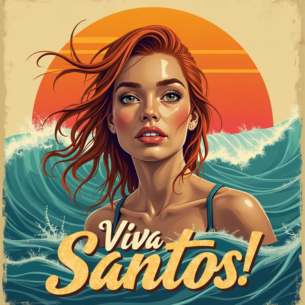 a cinematic masterpiece, ultra-detailed, distressed, vibrant, vintage poster design with a punk twist, featuring a bold, vintage-style title "VIVA SANTOS!" emblazoned in a curved line, in a faded font with rustic, worn edges, placed prominently in front of the closeup of the proud, 40-year-old redhead Russian female surfer on lineup, her neckline is a central focal point, swimming in front of Muine beach, looking at viewer, smiling with bold, dynamic, and victorious vibe, her eyes opened, and her face contorted in a grateful, confident, and triumphant expression, set against a clean, gradient background that evoking the colors of the Vietnamese flag, all blending into a simple background.