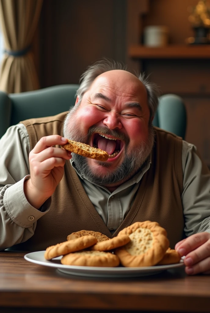 Uk hamster grande, fat man eating brown cookies 