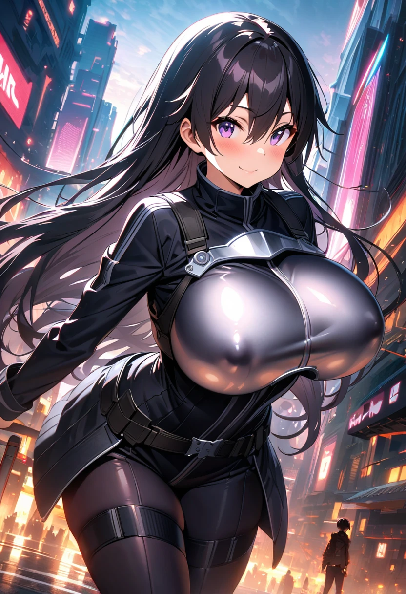 Kirito, Gun Gale Online Black Swordsman Outfit Overturned Jacket Black Shirt Silver Breastplate, Blush, long hair, Super huge big breasts breast enlargement, purple eyes, standing alone in a sci-fi city, looking at the camera and smiling, full-body shot ultra-detailed, HDR, vibrant colors, soft lighting