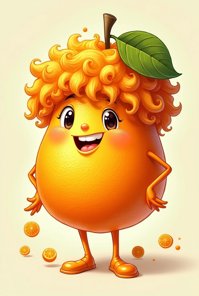 A fruit that is half an orange that has curly hair that has a title like Caesar juices for an icon