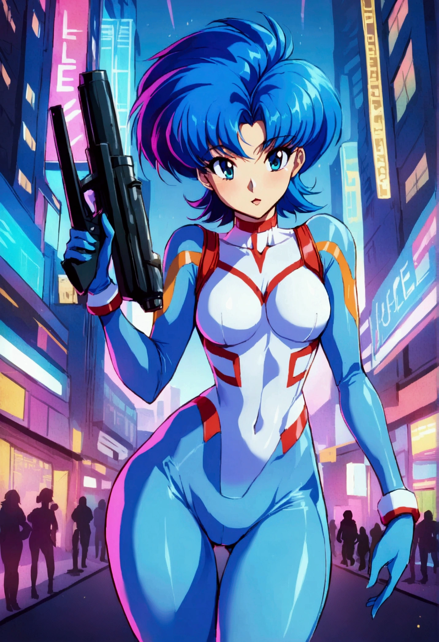 Kei of The Dirty Pair, , wearing a tight-fitting suit, scarce, medium chest, blue hair beauty, cyberpunk city background, holding a retro space gun, sale, Thin waist, thin thighs, thigh gap