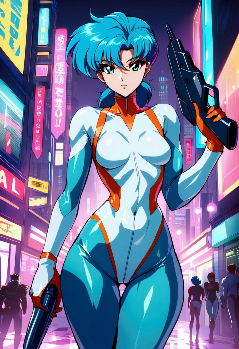 Kei of The Dirty Pair, , wearing a tight-fitting suit, scarce, medium chest, blue hair beauty, cyberpunk city background, holding a retro space gun, sale, Thin waist, thin thighs, thigh gap