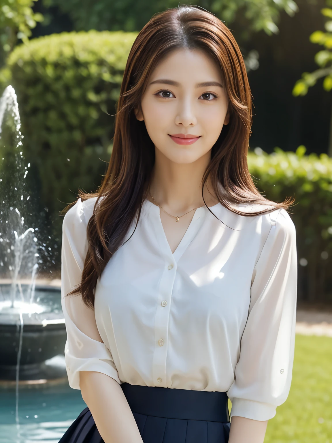 (Raw Photo), (Photorealistic), (Masterpiece), (Top Quality), High Resolution, 8K, (Exquisite Details), (Voluminous Light), Portrait, Woman, Medium Straight Hair, Layered Hair, Reddish Brown Hair, Very Thin Eyes, Source Order, Very Thin Eyebrows, Normal chest, Very Thin Skin, Thin Mouth, Very Thin Nose, Idol-Like, Happy Smile, 2, (Thick Lips), (Looking at the Viewer), (Elegant White Blouse, Navy Blue
tight skirt), Waist Shot, background is a park with a fountain, (Random Body Orientation),