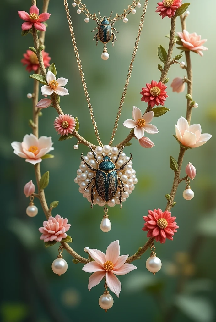 Necklaces and bracelets with pearls, beetles and flowers