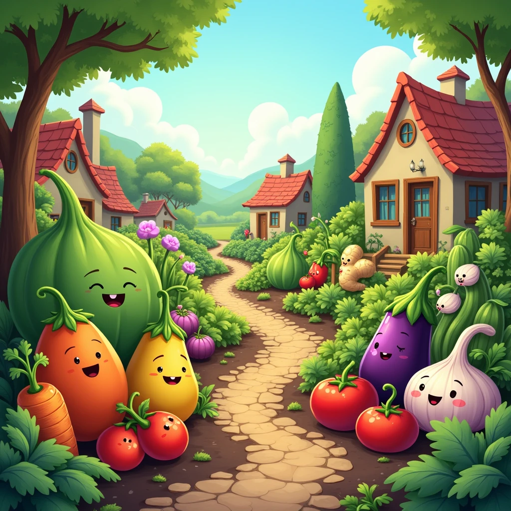 In a village, make a garden where all vegetable grew in harmony, in the vegetable, there should be a bitter gourd, red tomatoes, orange carrots, purple eggplant, string beans, cabbage, old onion, ginger, and garlic. (Please make it sure that it is more cartoonist so that it'll grab the children's attention, and make it more engaging.)