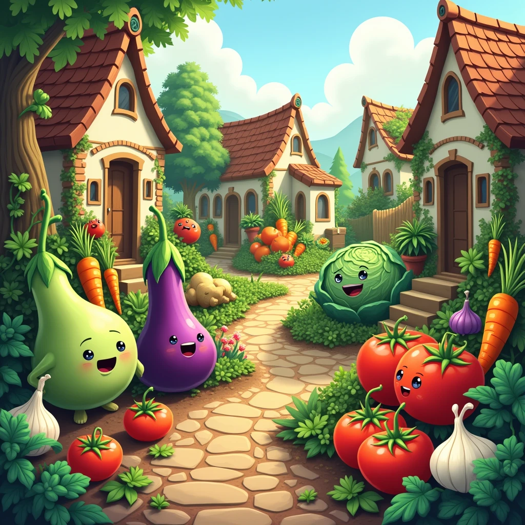 In a village, make a garden where all vegetable grew in harmony, in the vegetable, there should be a bitter gourd, red tomatoes, orange carrots, purple eggplant, string beans, cabbage, old onion, ginger, and garlic. (Please make it sure that it is more cartoonist so that it'll grab the children's attention, and make it more engaging.)