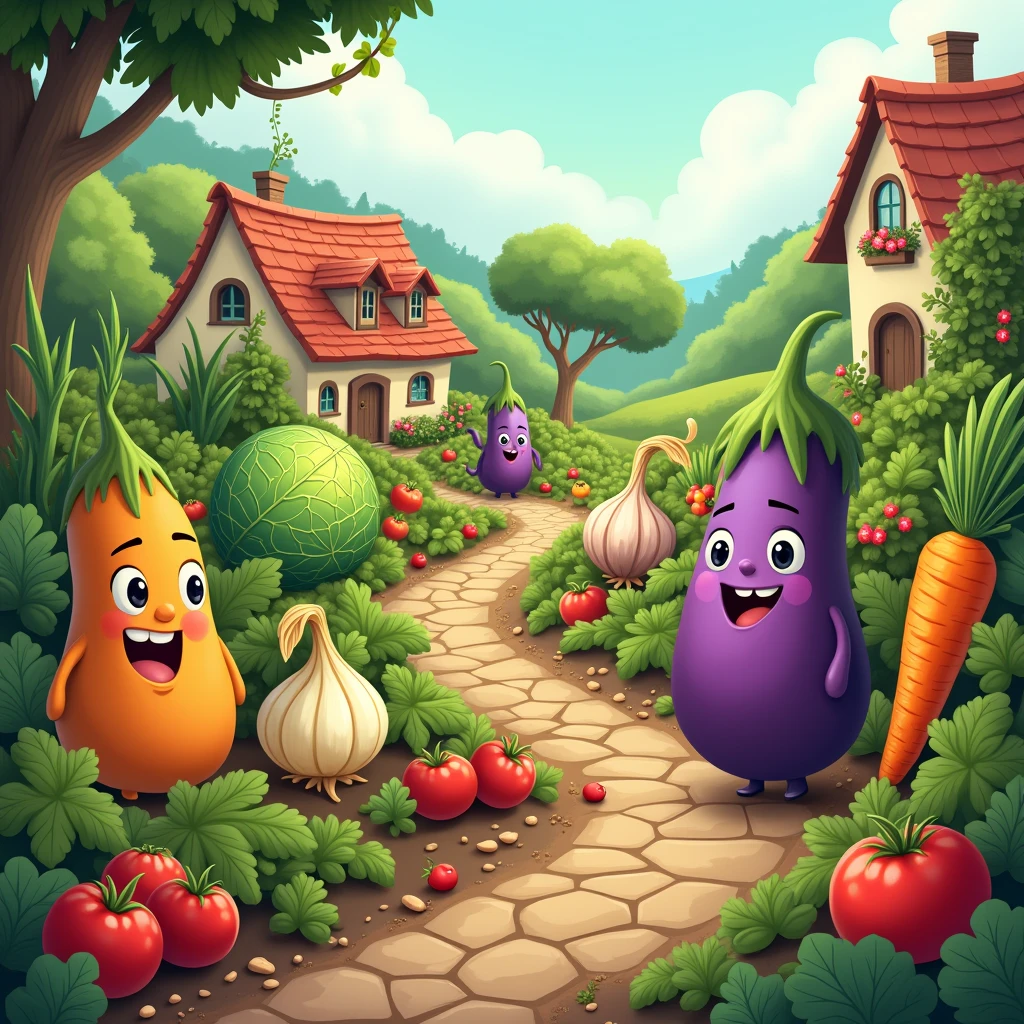 In a village, make a garden where all vegetable grew in harmony, in the vegetable, there should be a bitter gourd, red tomatoes, orange carrots, purple eggplant, string beans, cabbage, old onion, ginger, and garlic. (Please make it sure that it is more cartoonist so that it'll grab the children's attention, and make it more engaging.)