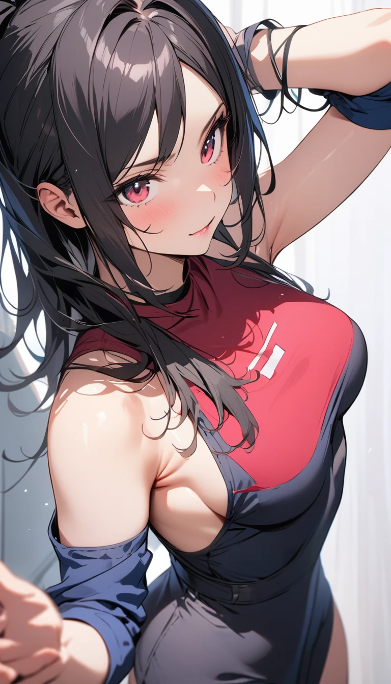 Very detailed CG Unity 8K 壁紙),(masterpiece), (Highest quality), (Very detailed), (Best illustrations),(Best Shadow)、1girl arrow_(symbol) blondes_hair blush bob_cut breast_drop breasts brown_eyes clothes_lift commentary_request hair_ribbon heart highres large_breasts lifting_own_clothes looking_at_viewer lycoris_recoil mibushiro navel nishikigi_chisato official_alternate_costume red_ribbon red_sports_Good ribbon short_hair simple_background single_hair_ring solo speech_bubble spoken_heart sports_Good sports_Good_lift straight_hair taut_clothes underboob undressing upper_body white_background