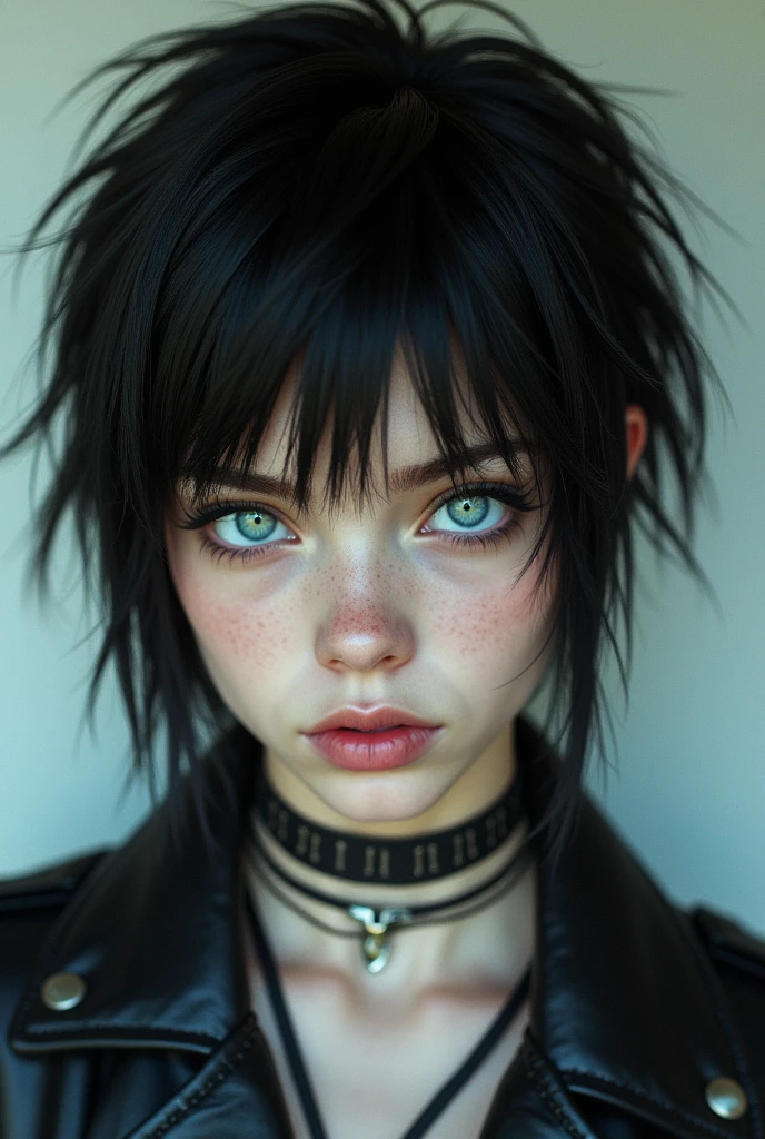 A teenager, blue eyes and white skin. Black Volor Hair in a Mullet Cut.