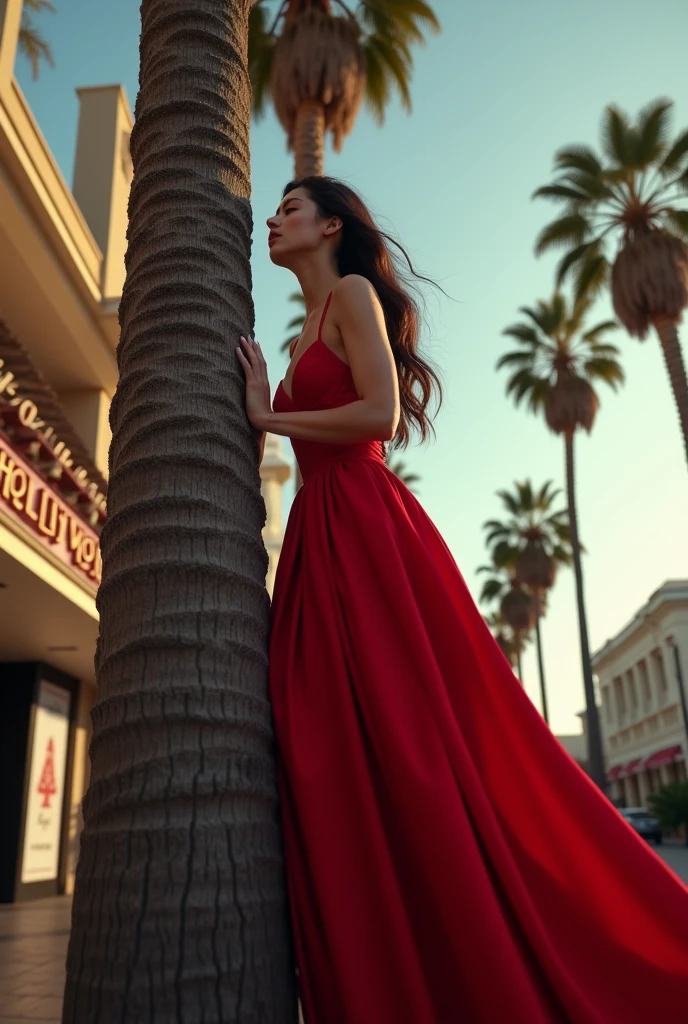 young pretty woman in evning red dress in panic climbing on palm tree on the Hollywood walk of fame