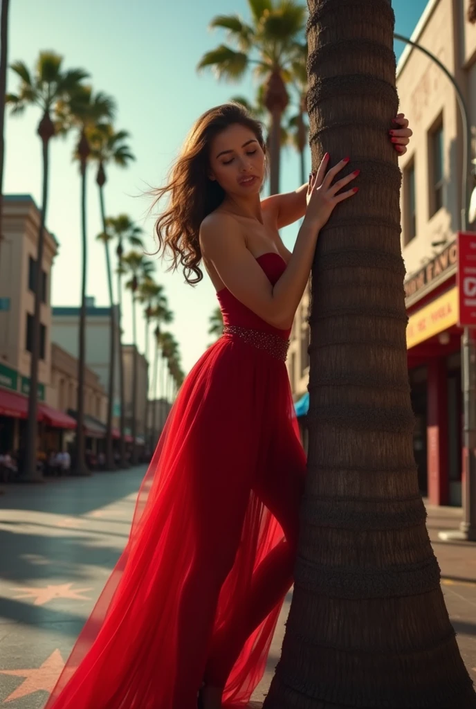 young pretty woman in evning red dress in panic climbing on palm tree on the Hollywood walk of fame