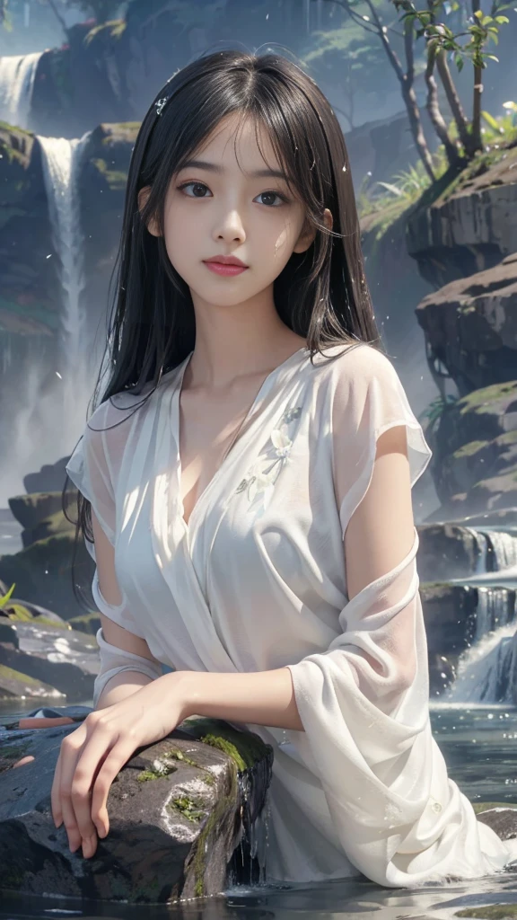 (Surreal), (illustration), (Improve resolution), (8K), (Extremely detailed), (Best illustration), (Beautiful and delicate eyes), (best quality), (Extremely detailed), (masterpiece ), ( wallpaper), (Delicate face), Solitary, 1 girl, Looking at the audience, Fine details, in the darkness, Deep Shadows, Low profile, Purebred face_v1, Smile, Black straight hair, White shawl, Side bangs,There are many colorful flowers in the background,Elegant Posture, Get wet under the waterfall, The waterfall falls on her