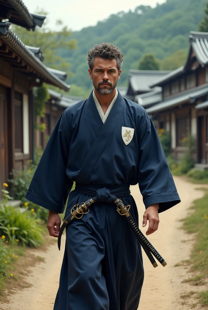 A man, around 2, white man with short curly hair and no beard on a road in japan feldal, wearing a navy blue kimono with a white S in a shield symbol on the left chest of the garment, carrying Samurai swords, with a brave expression, but nice.