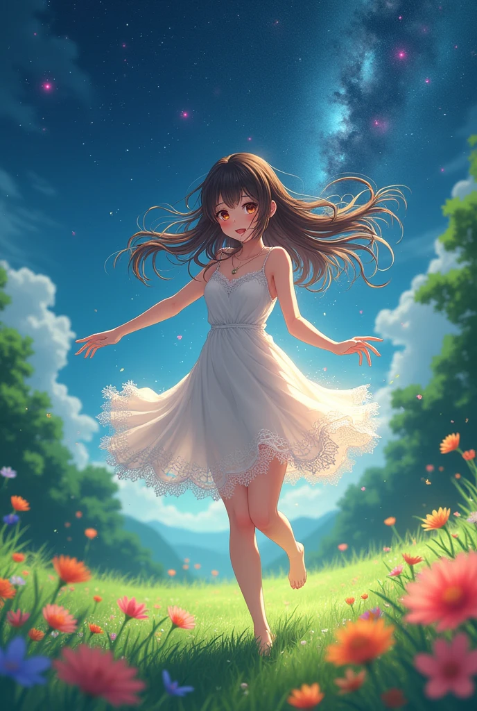 (masterpiece、Highest quality、8k、High resolution)、1 female、Beautiful eyes with slit length、Cute lips、Beautiful Nose、Brownish black hair、smile、(Best anime girl)、Green grassland with forest view、Walking,(Barefoot, flying, running, high, high),Colorful flowers blooming in the field,A bright night with the stars clearly visible、milky way、Mysterious light particles from the whole body、Colorful light particles、jewelry、necklace、White lace dress、(Beautiful full body style)、Highly detailed anime art、A complete portrayal、