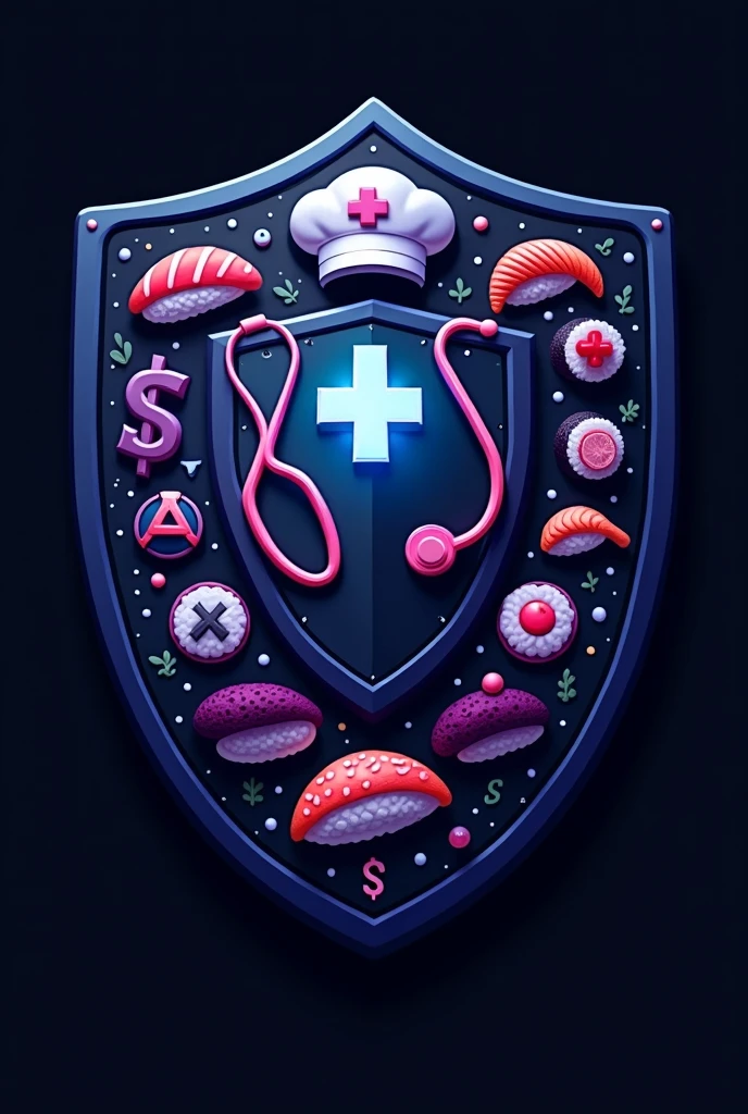 Nursing Themed Shield, cook, Crochet, money and sushi outings, with black colors, purple, blue,